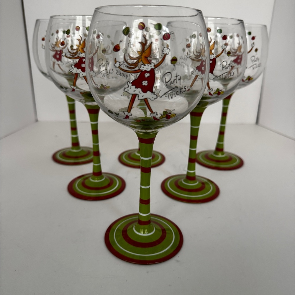 NWT Christmas Wine Glasses (6) 208 Park Hand Painted “Party Animal”